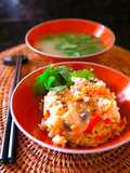 レンジで簡単！鶏とキノコの秋おこわ。
