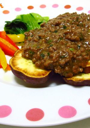 さつまいもと青梗菜の挽肉あん-レシピのメイン写真