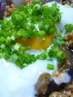 鶏ひき肉となすの甘辛☆温たま丼-レシピのメイン写真
