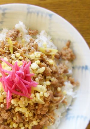 ひき肉と揚げ玉ののっけ丼-レシピのメイン写真