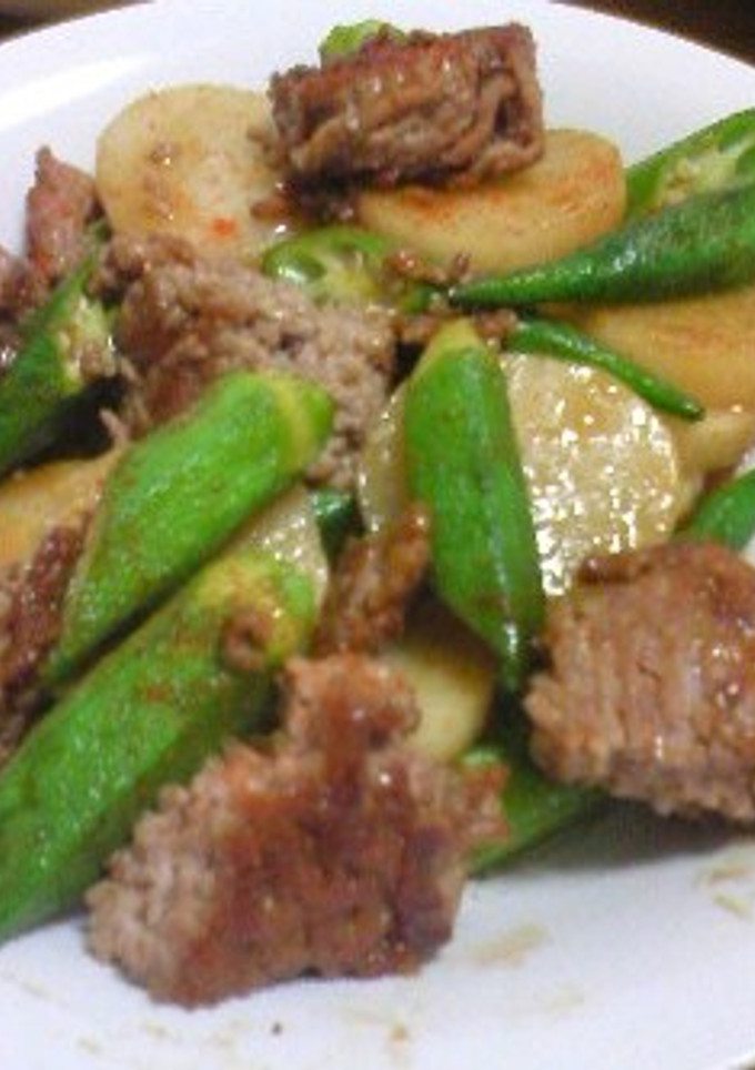 挽肉と長芋とオクラの炒め物-レシピのメイン写真