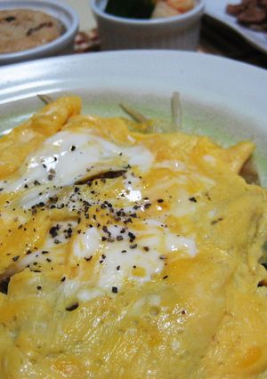もやし炒めに薄焼き卵をのせちゃいました-レシピのメイン写真