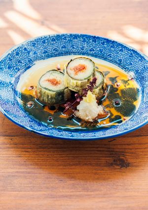 素麺の梅、しそ、豚巻き天ぷらレモンのだし-レシピのメイン写真