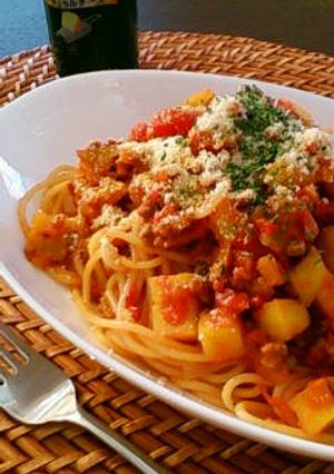 さつまいもの秋色トマトソースパスタ-レシピのメイン写真