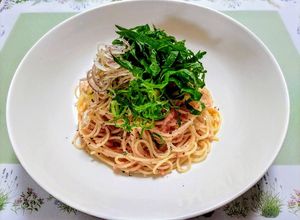 夏簡単昼食！大葉茗荷ネギ冷製明太子パスタ-レシピのメイン写真