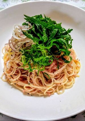夏簡単昼食！大葉茗荷ネギ冷製明太子パスタ-レシピのメイン写真