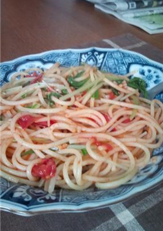 あるもので簡単パスタ（トマトと水菜）-レシピのメイン写真