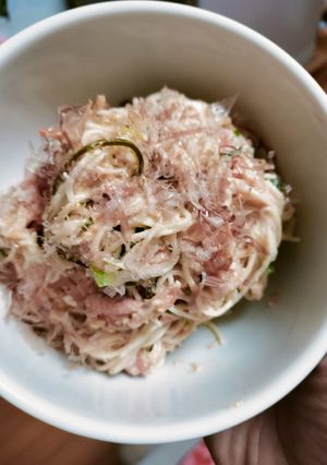 鮭と野沢菜昆布の出汁マヨ変わりそうめん-レシピのメイン写真