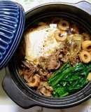 簡単ランチ！竹輪法蓮草牛すき鍋焼きうどん