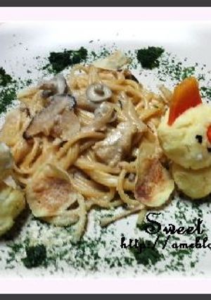 醤油クリームパスタ☆雪だるさんと一緒♪-レシピのメイン写真