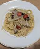 ツナとキノコと金時人参のかぼす胡椒パスタ