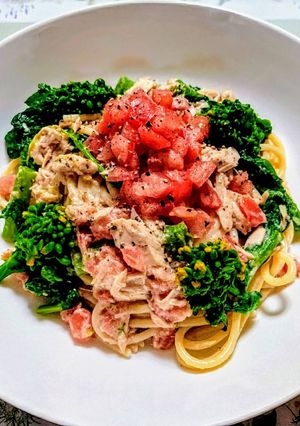 ランチ!菜の花トマトのツナマヨ和風パスタ-レシピのメイン写真