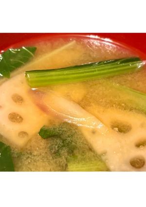 小松菜レンコン茗荷の味噌汁-レシピのメイン写真