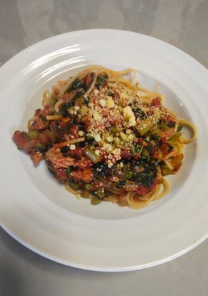 大根の葉とツナのトマトスパゲティ-レシピのメイン写真
