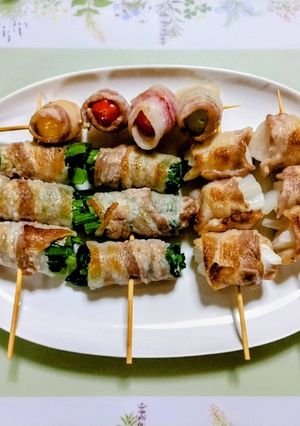 簡単夏の夕飯！小松菜玉ねぎ豚バラ肉串焼き-レシピのメイン写真