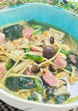 ワンパン簡単!きのことベーコンの和風スープパスタ-レシピのメイン写真