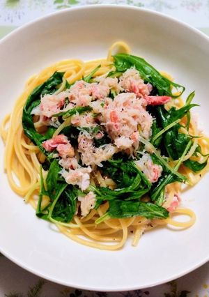 簡単正月昼食・夕飯！カニ水菜和風パスタ-レシピのメイン写真