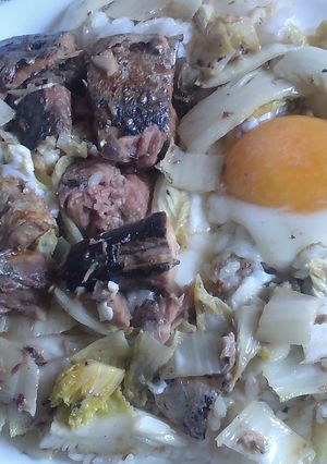 備蓄米でカフェ丼V91〜鯖缶白菜月見-レシピのメイン写真