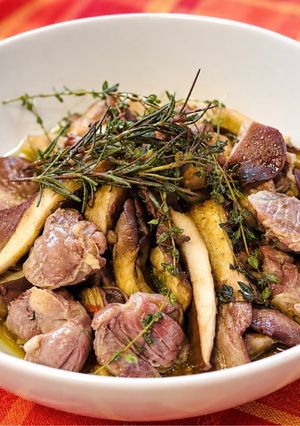 ノンフライヤーで簡単！砂肝とアワビ茸のコンフィ-レシピのメイン写真