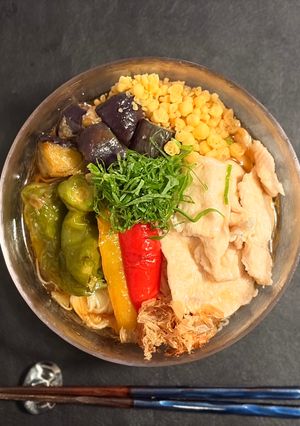 ナスと万願寺の揚げ浸し素麺-レシピのメイン写真