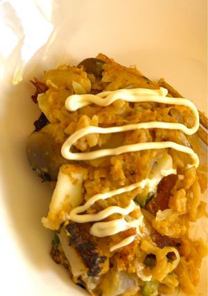 激辛チーズダッカルビ麺をお好み焼きに-レシピのメイン写真
