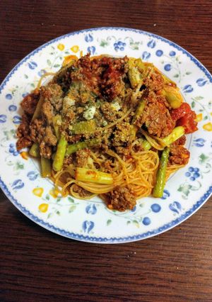簡単☆アスパラと挽き肉のトマトパスタ-レシピのメイン写真