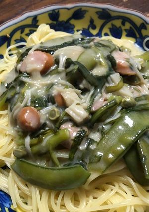 春菊とサヤエンドウとえのきのスパゲッティ-レシピのメイン写真