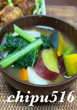 さつまいもとかぼちゃ、根菜のお味噌汁　秋だね-レシピのメイン写真