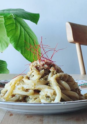 ランチはカルボナーラうどん☆いぶりがっこ-レシピのメイン写真