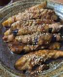 なすの豚バラ巻き　黒酢生姜だれ