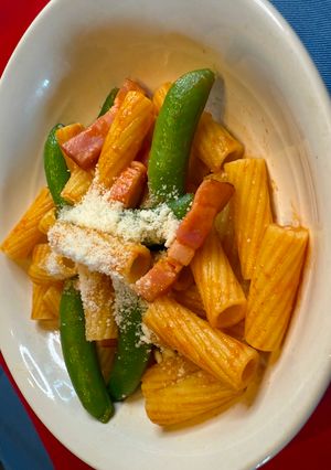 エンドウ豆とショートパスタアラビアータ風-レシピのメイン写真