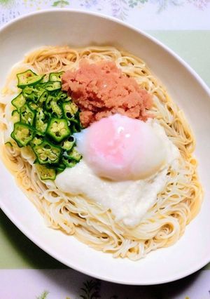 簡単夏の夕食・昼食ヘルシーオクラ明太ばくだん素麺-レシピのメイン写真