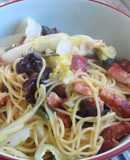 ベーコン白菜キクラゲ青唐辛子の中華パスタ