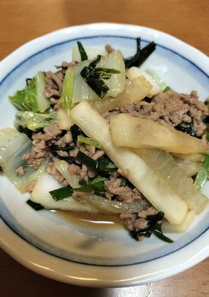 大根、ニラ、白菜の合い挽き肉炒め-レシピのメイン写真