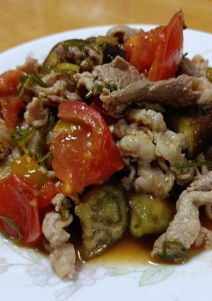 豚肉となすとトマトのめんつゆ生姜焼き💕-レシピのメイン写真