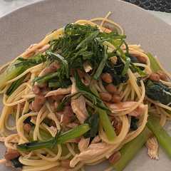 รูปของ 納豆と小松菜と梅肉の冷製パスタ