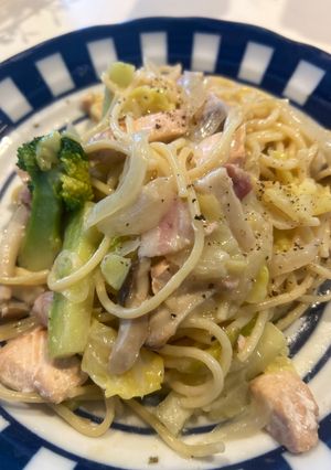 ベーコン&鮭、野菜の簡単ワンパンパスタ-レシピのメイン写真