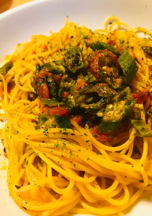 トマト缶＆オクラのトマトソースパスタ-レシピのメイン写真