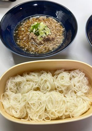 素麺と肉つゆ　旬の九条ねぎを添えて-レシピのメイン写真
