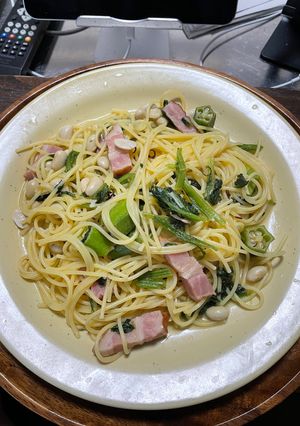 簡単！ズボラ飯！オクラと水煮大豆塩パスタ-レシピのメイン写真