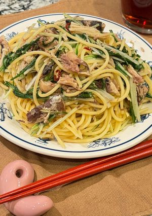 さば缶と水菜ときのこの和風パスタ-レシピのメイン写真
