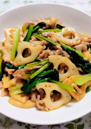 簡単夕飯主菜昼食小松菜れんこん豚こま中華炒め弁当-レシピのメイン写真