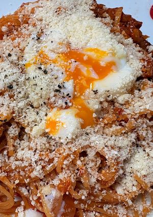 塩分2.1:温玉とろりトマトチーズパスタ-レシピのメイン写真