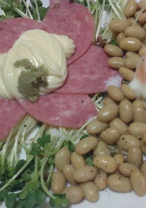 ビアソかいわれ蒸し大豆+半熟卵風のタパス-レシピのメイン写真