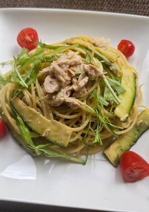 ズッキーニ、水菜のツナマヨスパゲティ！-レシピのメイン写真
