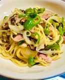 我家のピー玉ベーコン和風パスタ