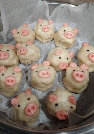 冷凍シュウマイを使った→ブタの豚まん-レシピのメイン写真
