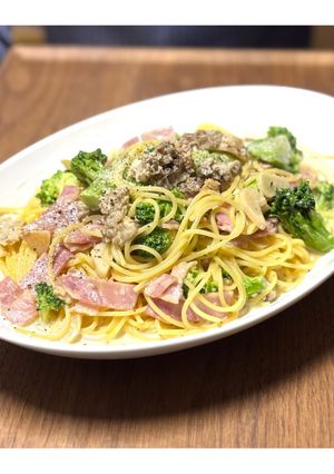 アミガサダケのクリームスープパスタ-レシピのメイン写真