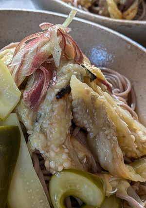 焼き茄子の皮剥いて冷やし蕎麦に載せた-レシピのメイン写真