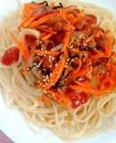 ピリ辛ソースと塩麹納豆和えパスタ